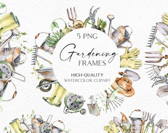 Watercolor gardening frames clipart, Hand-painted garden tools png, Gardening icons, Farmhouse clipart for plamt mom, plant lady planner