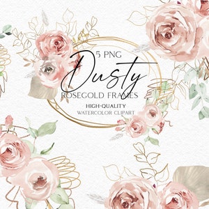 Clipart cornice glitter oro rose boho, Bordi floreali acquerellati png, Clipart matrimonio con rose rosa antico e cornice oro png OK001