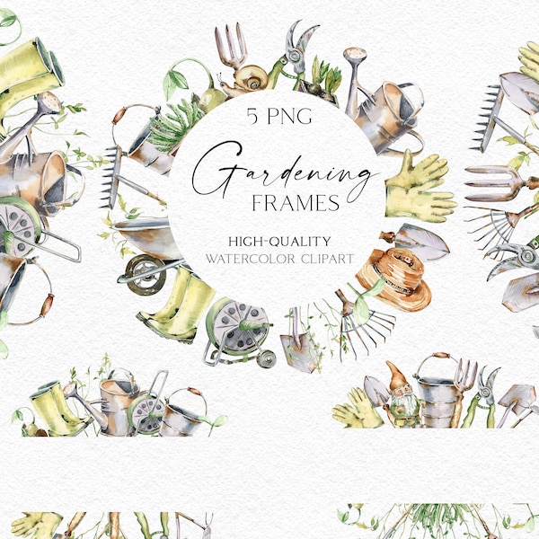 Watercolor gardening frames clipart, Hand-painted garden tools png, Gardening icons, Farmhouse clipart for plamt mom, plant lady planner