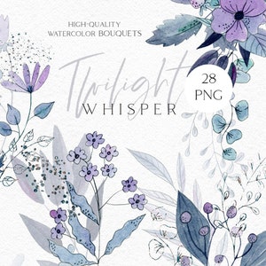 Clipart de flores de color azul polvoriento en acuarela. Invitaciones de boda bohemias de color lila. Clipart de ramo de boda con flores azules. Clipart de baby shower de niño 111