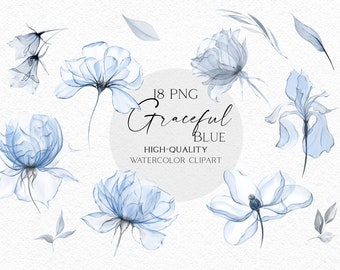 Può includere: 18 immagini PNG di clipart ad acquerello di fiori blu con petali traslucidi. I fiori sono in varie fasi di fioritura e sono disposti in uno schema casuale. Il testo "18 PNG Graceful Blue HIGH-QUALITY WATERCOLOR CLIPART OLGA.KOELSCH" è nella parte superiore dell'immagine.