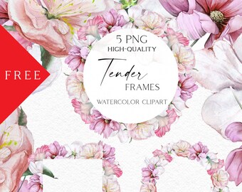 FREEBIE Clipart, Watercolor boho flowers clipart, Wedding pink floral border clipart, Hand painted Dusty pink florals for wedding  017