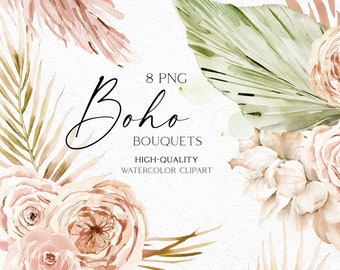 Watercolor boho dried flower clipart, Palm boho roses bouquets png, Dried floral logo, Tropical watercolor clipart with dried leaves 010