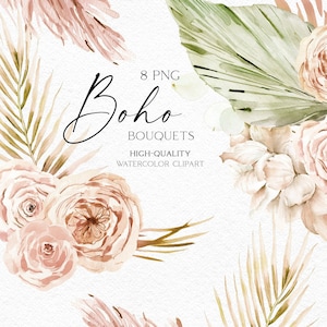 Clipart fleurs séchées bohème aquarelle, bouquets de roses bohèmes palmiers png, logo floral séché, clipart aquarelle tropical avec feuilles séchées 010