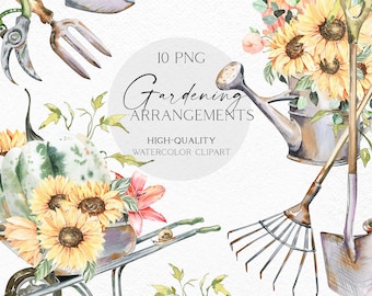 Watercolor gardening clipart, Hand-painted garden tools png, Gardening icons, Farmhouse clipart with potted plants, sunflowers png