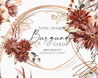 Boho burgundy floral frame clipart, Gold flower frame png, Burgundy and blush borders clipart, Wedding invitation clipart 076