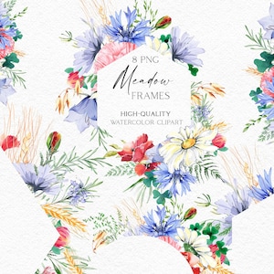 Aquarelle fleurs sauvages cadres clipart, fleurs des prés png, bordures florales Boho png pavot, bleuet, marguerite, trèfle, blé, verdure 047