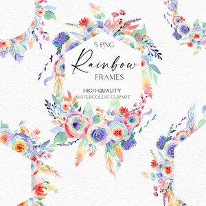 Boho Regenbogen Blumenrahmen Clipart, Aquarell Blumenrahmen png, mehrfarbige Blumen für Babyparty, Hochzeitseinladungen Karte 002