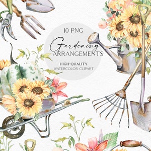 Imágenes prediseñadas de jardinería en acuarela, herramientas de jardín pintadas a mano png, iconos de jardinería, imágenes prediseñadas de casa de campo con plantas en macetas, girasoles png
