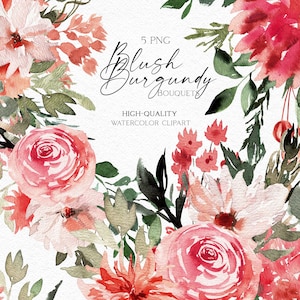 Clipart bouquet boho, Clipart rosa e bordeaux, Rose rosa e rosse acquerello png, Clipart invito matrimonio, set per baby shower 039