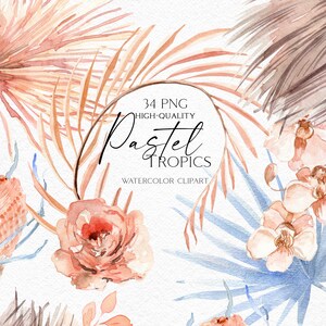 Clipart bohème aquarelle, clipart tropical avec des roses roses cendrées et des feuilles de palmier séchées png, clipart de plage pour mariage 043