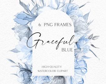 May include: Six watercolor floral frames in blue tones. The frames are in various shapes, including a hexagon, a diamond, and an arch. The text "Graceful Blue" and "High-Quality Watercolor Clipart" is included in the image.