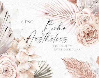Watercolor boho dried flower clipart, Palm boho roses bouquets png, tropical logo with dried palms 044
