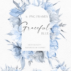 Stoffige blauwe rozen clipart, Boho marineblauwe frames, aquarel bloemen randen png, baby blauwe krans clipart voor bruiloft, babyshower 051