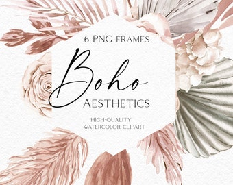 Watercolor boho dried flower clipart, Palm boho roses bouquets png, Dried floral logo, Tropical watercolor clipart with seashells 044