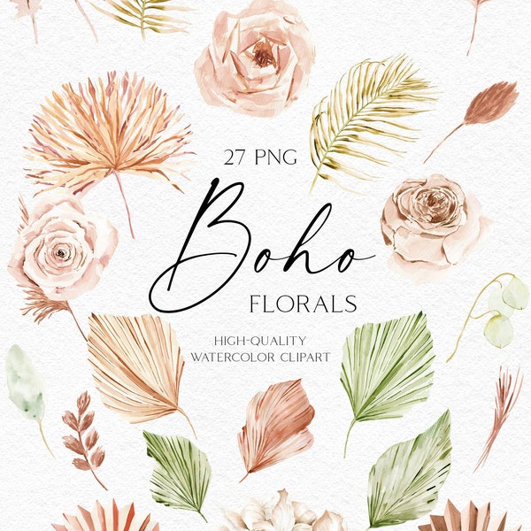 Watercolor boho dried flower clipart, Palm boho roses bouquets png, Dried floral logo, Tropical watercolor clipart wedding 010