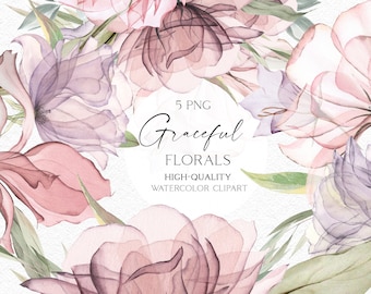 Boho Roses Bouquet Clipart, Watercolor Floral Borders (PNG)