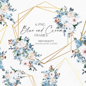 Watercolor navy blush frame clipart, Boho floral frame blue roses png for wedding invitations, baby shower, feminine logo 053