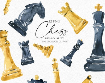 Watercolor Chess Pieces Clipart, Chess Figures PNG (Digital Download)