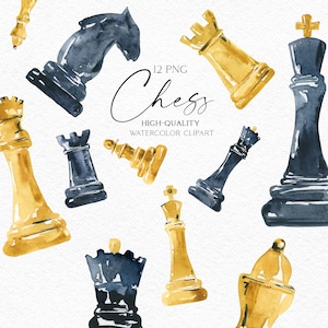 May include: Watercolor clipart of 12 chess pieces in gold and blue. The pieces include a king, queen, rook, bishop, knight, and pawn. The pieces are isolated on a white background.  12 PNG HIGH-QUALITY WATERCOLOR CLIPART OLGA.KOELSCH