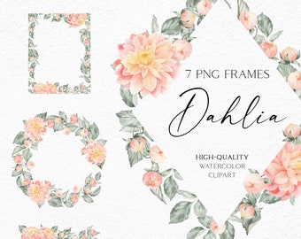 Watercolor frames clipart, Dahlia clip art pink flowers, Boho floral borders clipart, wreath png for fall wedding, baby shower 064