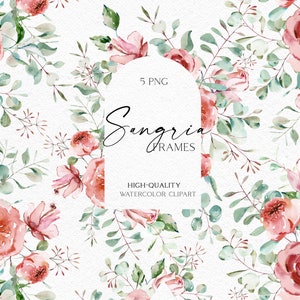 Moldura de rosas Boho clipart, Bordas florais em aquarela de eucalipto png, Clipart de casamento com rosas rosa empoeiradas e eucalipto 005