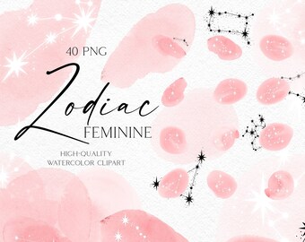Watercolor zodiac clipart, Astrology clipart, Celestial feminine clipart with pink watercolor background 113