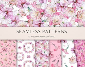 Boho seamless pattern for fabric, Watercolor pink flower seamless digital paper, Roses florals printable scrapbook paper  JPEG, 12x12" 017