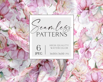 Boho seamless pattern for fabric, Watercolor pink flower seamless digital paper, Floral printable scrapbook paper  JPEG, 12x12" 017