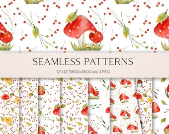 May include: A set of 6 seamless digital paper patterns featuring watercolor illustrations of red mushrooms, green leaves, and red berries on a white background. The patterns are 12x12 inches and 3600x3600 pixels in size.