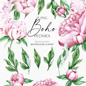 Aquarell rosa Pfingstrosen Clipart, Boho Blumen png, Blumenhochzeit Clipart mit altrosa Pfingstrosen. Mädchen-Babyparty, Muttertag