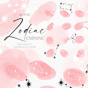 Aquarel dierenriem clipart, astrologie clipart, hemelse vrouwelijke clipart met roze aquarel achtergrond