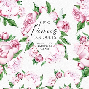 May include: A set of 8 digital watercolor illustrations of pink peony bouquets. The bouquets are arranged in different shapes and sizes, and are perfect for adding a touch of elegance to any project.