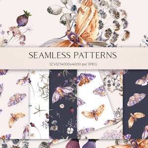 Boho Blumen digitales Papier, Boho florales nahtloses Muster mit getrockneten Blumen und Schmetterlingen, Muster für Stoff und digitales Scrapbooking 021