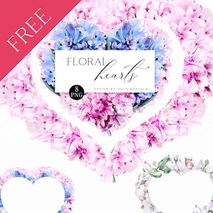 May include: A digital download of 8 floral heart PNG images. The hearts are made of pink, white, and blue flowers. The text "Floral hearts" is written in cursive on a white rectangle. The text "8 PNG" is written below the title. The text "Design by Olga.Koelsch" is written below the PNG count. The text "Olga.Koelsch" is written at the bottom of the image.