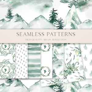 Patrón sin costuras de paisaje de montaña para tela, papel digital sin costuras con diseño de bosque de acuarela, papel para álbum de recortes imprimible con diseño de bosque 037