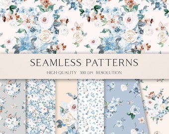 Boho roses seamless pattern for fabric, Dusty blue roses digital paper, Rustic floral background for digital scrapbooking 053