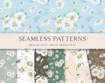 Boho daisy digital paper, Daisies seamless pattern for fabric, White floral seamless pattern for digital scrapbooking 042