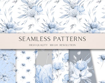 May include: Watercolor seamless patterns featuring blue floral designs. The image showcases various patterns with delicate blue flowers and foliage on a white background. Text reads "SEAMLESS PATTERNS" and "HIGH-QUALITY 300 DPI RESOLUTION".