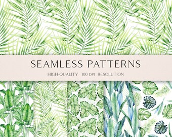 Watercolor bright tropical digital paper pack. Tropic seamless pattern with banana leaves, palm greenery, flowers