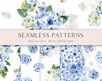 May include: A set of four seamless patterns featuring watercolor illustrations of blue hydrangeas with green leaves on a white background. The patterns are high-quality and 300 DPI resolution. The text "SEAMLESS PATTERNS" and "HIGH-QUALITY 300 DPI RESOLUTION" is displayed above the patterns. The text "OLGA.KOELSCH" is displayed below the patterns.