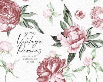 Watercolor boho floral elements clipart, Dusty pink flowers png, Peonies png digital clip art for wedding, baby shower 041