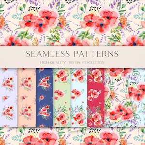 Modèle sans couture bohème pour le tissu, papier numérique sans couture aquarelle fleur de pavot, papier de scrapbooking imprimable floral JPEG, 12 x 12" 018
