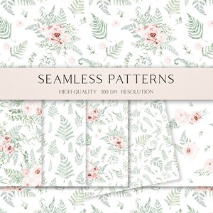 Boho roses seamless pattern fabric, Watercolor fern floral digital paper, Watercolor repeat pattern for apparel  015