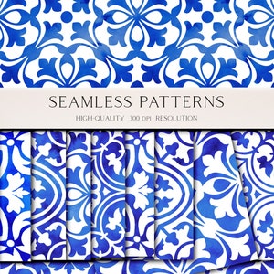 Carreaux de mosaïque bleus à motif répété, carreaux méditerranéens pour tissu, azulejos en papier sans couture bleu 056