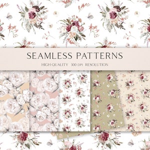 Carta digitale per acquerello con fiori boho, motivo senza cuciture con rose rosa antico bordeaux per tessuto, motivo di bouquet per scrapbooking digitale 009