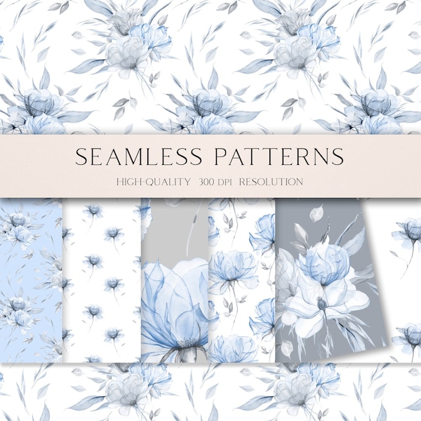 Blue boho seamless pattern for fabric,  Dusty blue floral digital paper, Baby blue wedding clipart with bouquets png 051