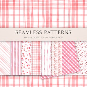 Puede incluir: Un conjunto de 8 patrones sin costuras de acuarela rosa y blanco. Los patrones incluyen rayas, lunares, cuadros vichy y diseños abstractos. Los patrones son de alta calidad y resolución de 300 dpi. El texto "SEAMLESS PATTERNS" y "HIGH-QUALITY 300 DPI RESOLUTION" está en la parte superior de la imagen. El texto "OLGA.KOELSCH" está en la parte inferior de la imagen.