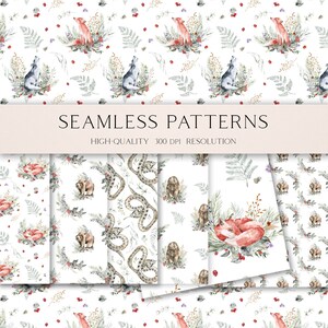 May include: A set of 10 seamless digital paper patterns featuring watercolor illustrations of foxes, wolves, bears, snakes, and floral elements on a white background. The patterns are perfect for crafting, scrapbooking, and digital design projects.