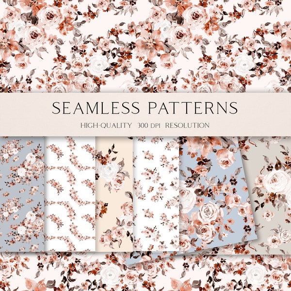 Boho roses seamless pattern for fabric, Brown roses digital paper, Rustic floral background for fall digital scrapbooking 054